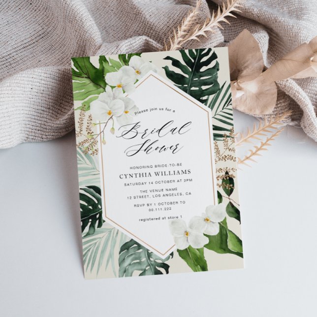 painted floral tropical palm leaves bridal shower invitation (Creator Uploaded)