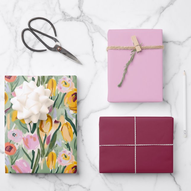 Painted Floral Tulip & Sunflower Wrapping Paper (Front)