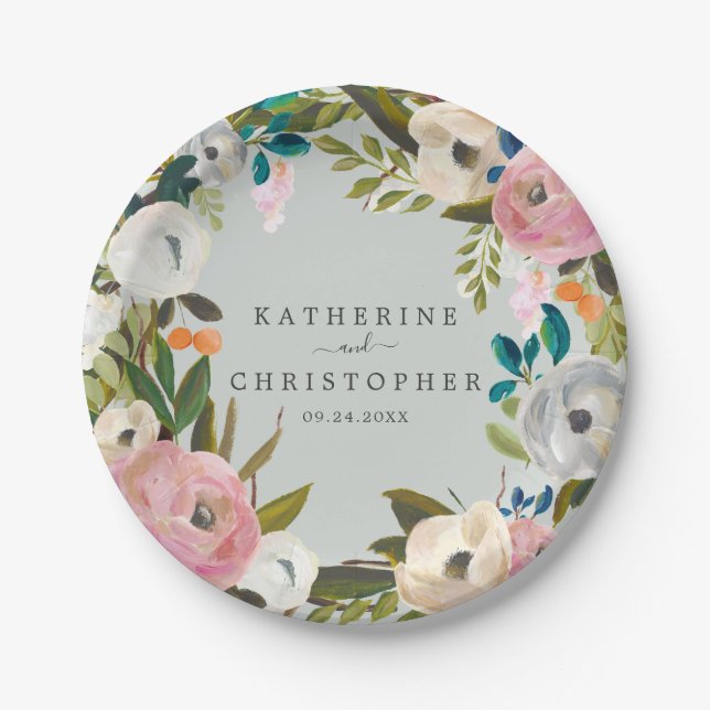 Painted Floral Wedding Cake Paper Plates (Front)