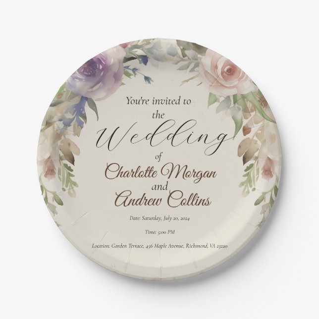 Painted floral wedding invitation paper plates (Front)