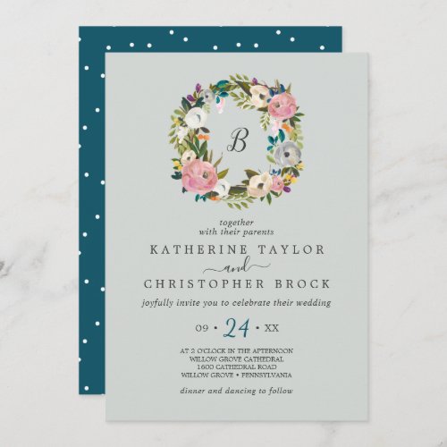 Painted Floral Wreath Monogram Wedding Invitation