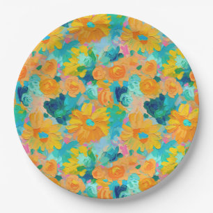 Painted Floral Yellow Blue Green Pink Art Colorful Paper Plates