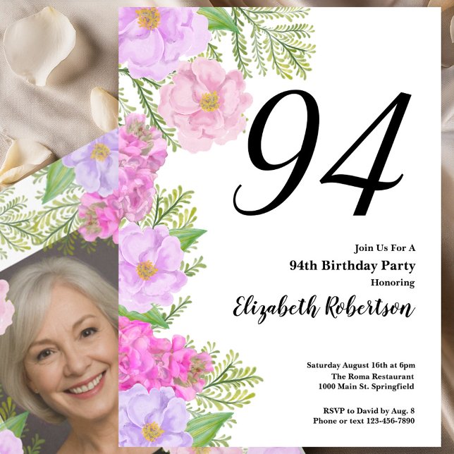 Painted Flower Custom Photo Template 94th Birthday (Creator Uploaded)