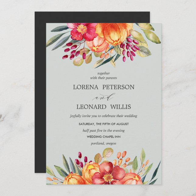 Painted Flower Modern ELEGANT Rustic Grey Vertical Invitation (Front/Back)