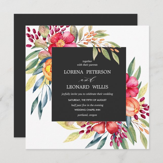 Painted Flower Modern ELEGANT Rustic square gray Invitation (Front/Back)