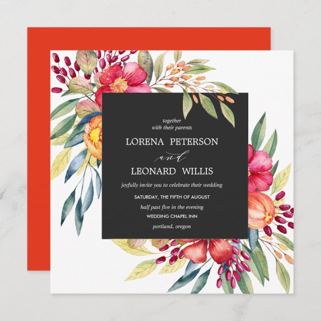 Painted Flower Modern ELEGANT Rustic square gray Invitation (Front/Back)
