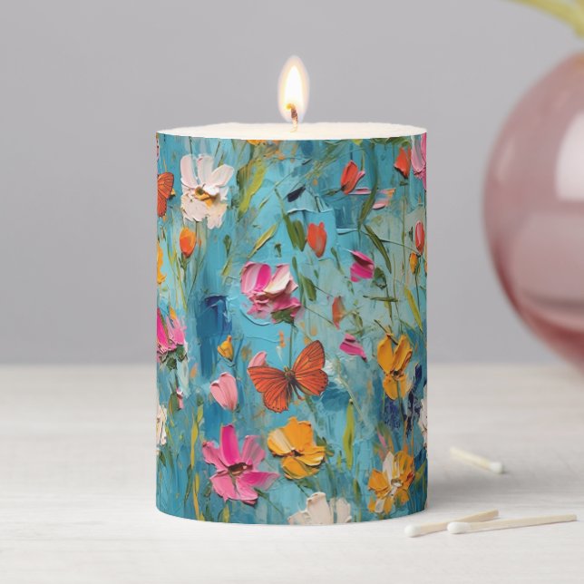 Painted Flowers 2 and Butterflies- Pillar Candle (In Situ)