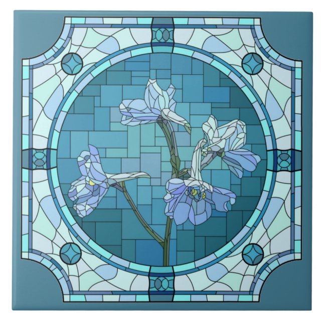 Painted Flowers, Blue Iris (stained glass look) Ceramic Tile (Front)