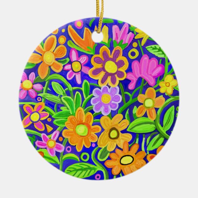 Painted Flowers Ceramic Ornament (Front)