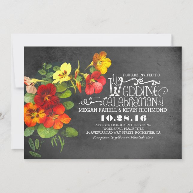 painted flowers chalkboard wedding invitation (Front)