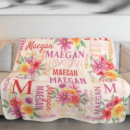 Painted Flowers Collage Name Fleece Blanket