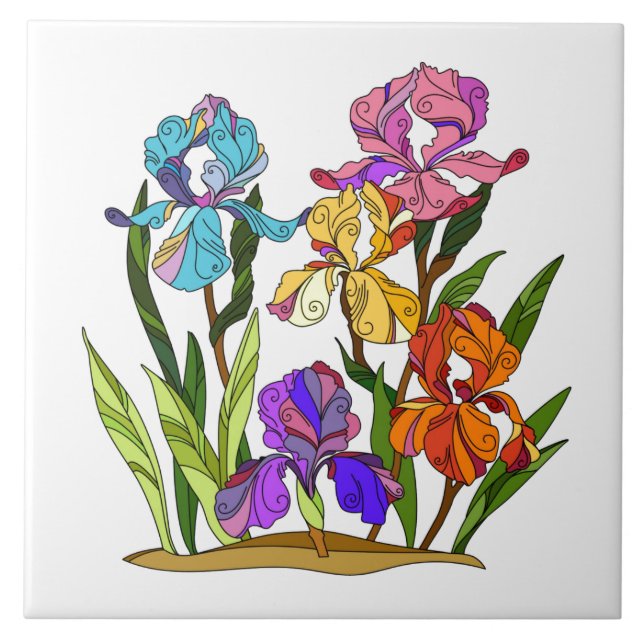 Painted Flowers, colorful iris Ceramic Tile (Front)