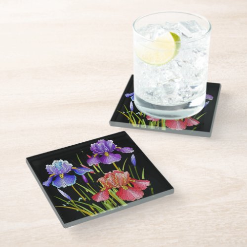 Painted flowers colorful iris on black glass coaster