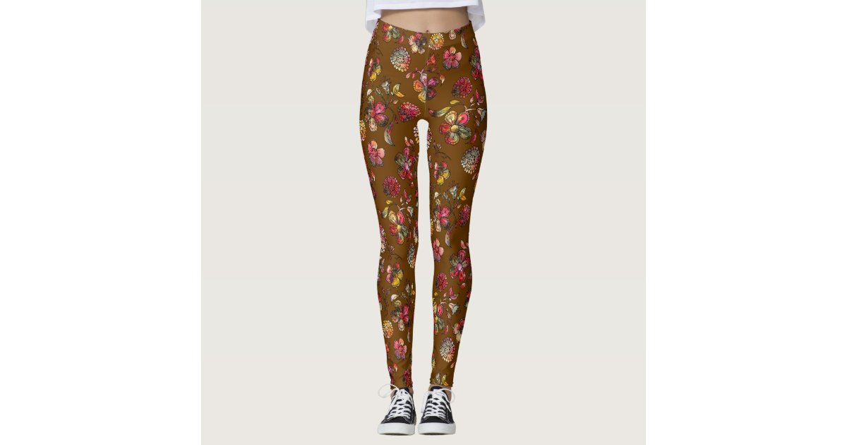 Painted Flowers Golden Brown Leggings | Zazzle