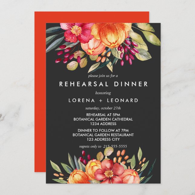 Painted  Flowers Gray REHEARSAL DINNER Wedding Invitation (Front/Back)