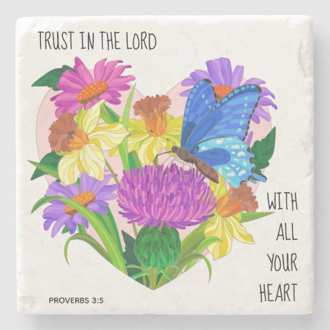 Painted flowers in Heart,  Verse from Proverbs 3:5 Stone Coaster (Front)