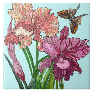 Painted Flowers, iris and butterfly on mint Ceramic Tile