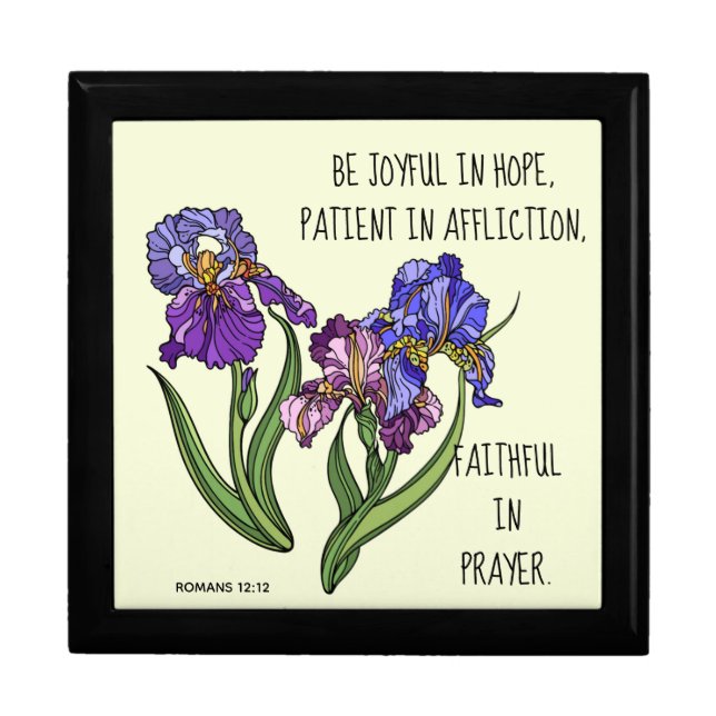 Painted flowers (Iris) w/ verse from Romans 12:12 Gift Box (Front)