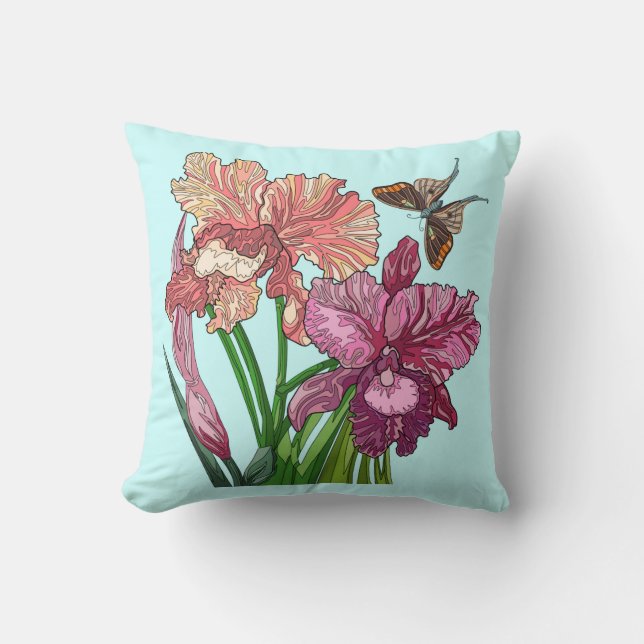 Painted Flowers, iris with butterfly on mint Throw Pillow (Front)
