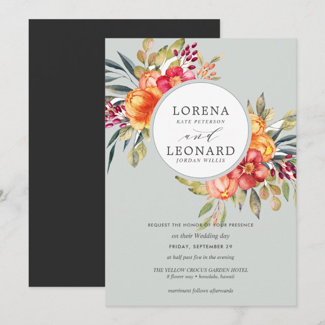 Painted flowers monogram wreath wedding light gray invitation (Front/Back)