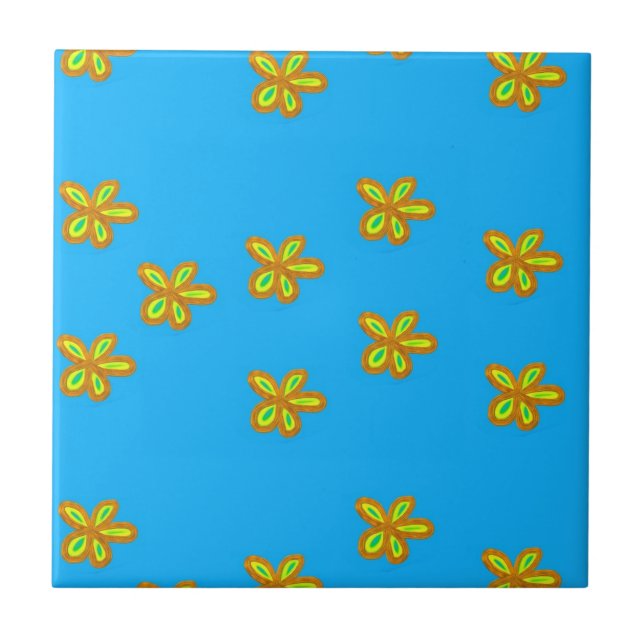 painted flowers on blue ceramic tile (Front)