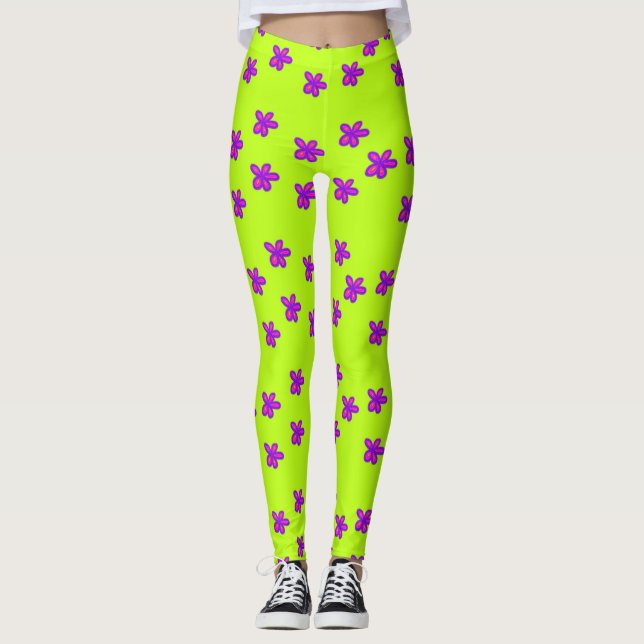 painted flowers on green leggings (Front)