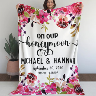 Painted Flowers On Our Honeymoon Watercolor Fleece Blanket