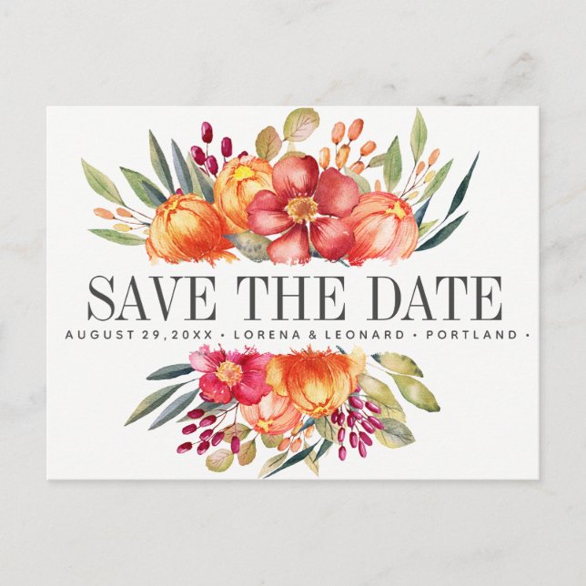 Painted Flowers Orange Wedding save the date Announcement Postcard (Front)