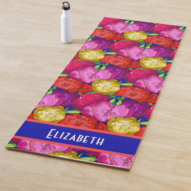 Painted Flowers Pastel Roses, Personalize w Name Yoga Mat (In Situ)