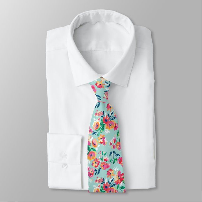 Painted Flowers Pattern Neck Tie (Tied)