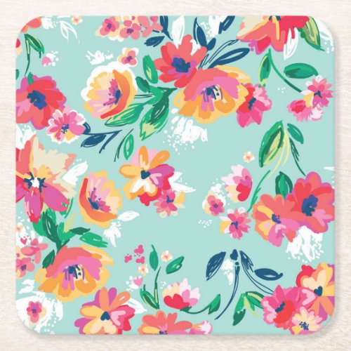 Painted Flowers Pattern Square Paper Coaster