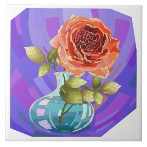 Painted flowers pink rose in vase ceramic tile