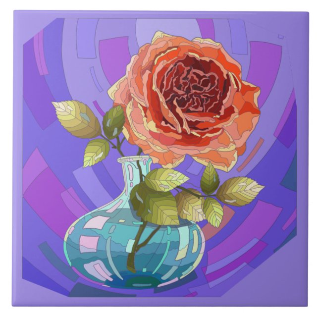 Painted flowers, pink rose in vase ceramic tile (Front)