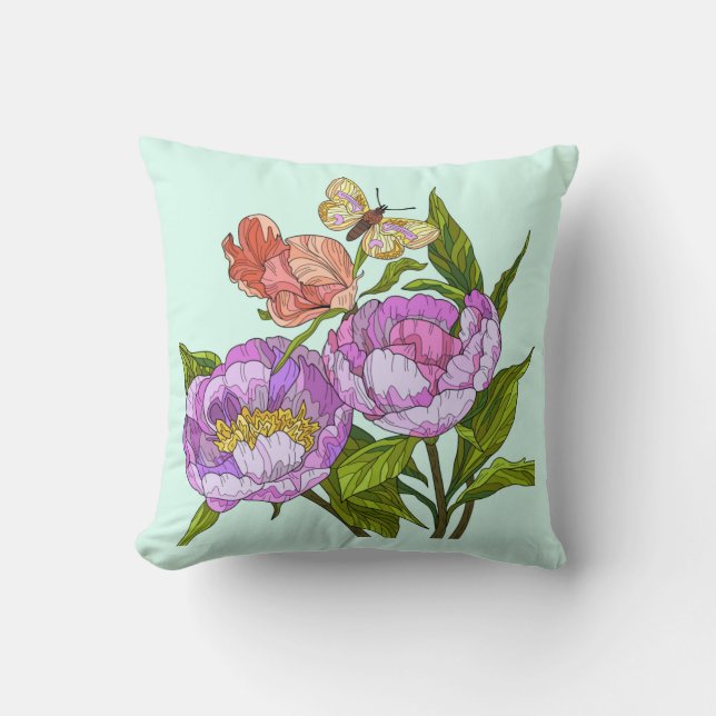 Painted Flowers, Poppies and Butterflies on mint Throw Pillow (Front)