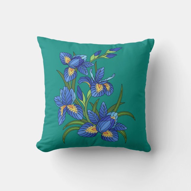Painted Flowers, pretty blue iris on teal Throw Pillow (Front)