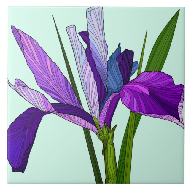 Painted Flowers, pretty purple iris on mint Ceramic Tile (Front)