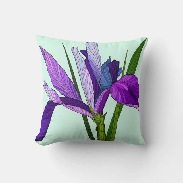 Painted Flowers, pretty purple iris on mint Throw Pillow (Front)