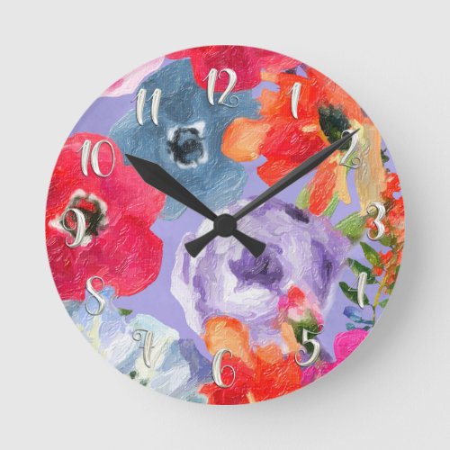 Painted Flowers Purple Modern Floral Watercolor Round Clock