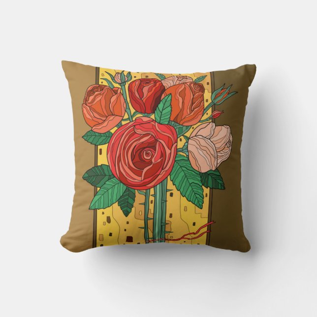 Painted Flowers, Southwestern roses on brown Throw Pillow (Front)