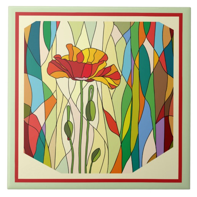 Painted Flowers, Stained Glass Look Ceramic Tile (Front)