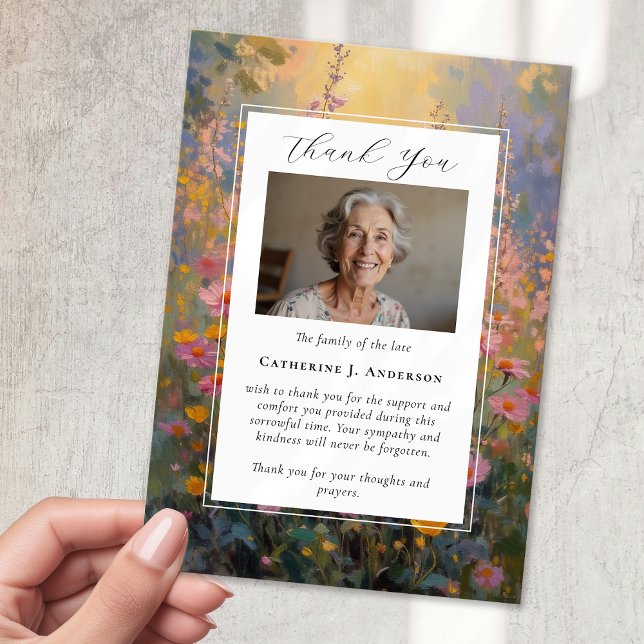 Painted Flowers Sympathy Photo Funeral Thank You Card (Creator Uploaded)