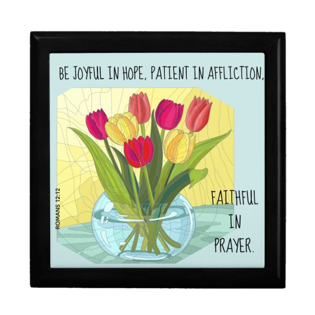 Painted flowers (tulips) w verse from Romans 12:12 Gift Box (Front)