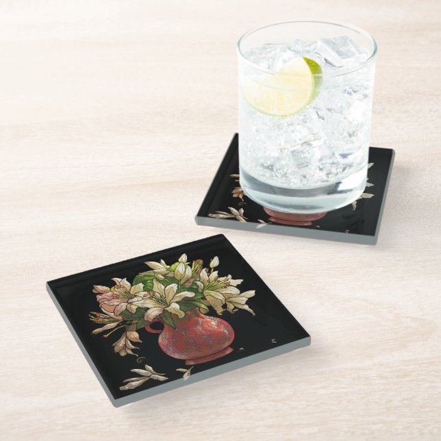 Painted flowers, vase of blooms on black glass coaster (Angled)