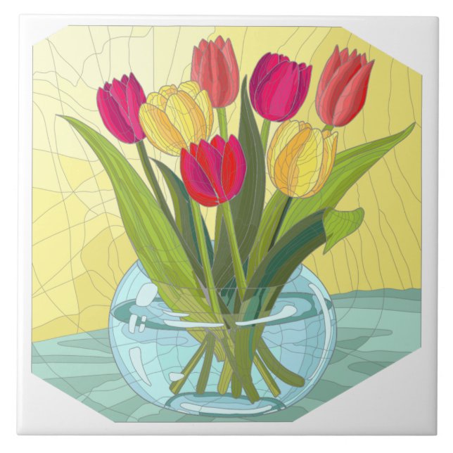 Painted flowers, vase of tulips ceramic tile (Front)