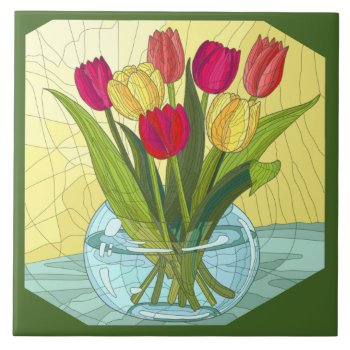 Painted Flowers  Vase Of Tulips Ceramic Tile by PicturesByDesign at Zazzle