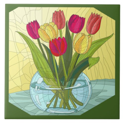 Painted flowers vase of tulips ceramic tile