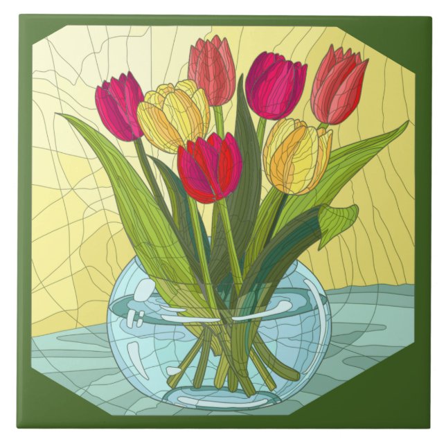 Painted flowers, vase of tulips ceramic tile (Front)