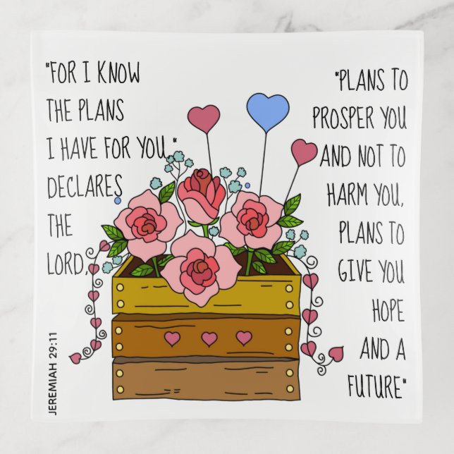 Painted flowers, verse from Jeremiah 29:11 Trinket Tray (Front)