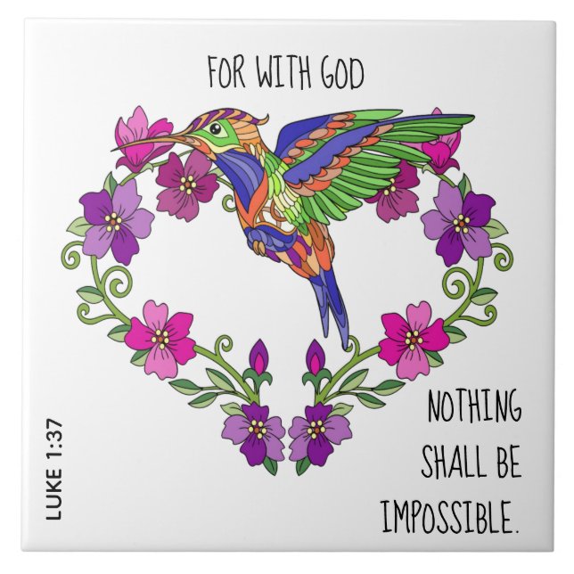 Painted flowers, w verse from Luke 1:37 Ceramic Tile (Front)