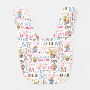 Painted Flowers with Name and Monogram Collage Baby Bib